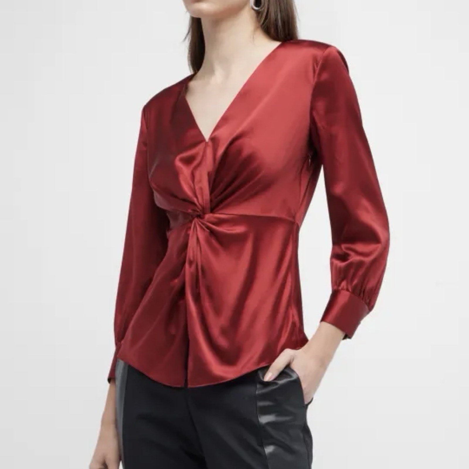 Theory Twist Blouse Long Slv Stretch Silk Satin Red Dahlia Sz 00 V Neck
